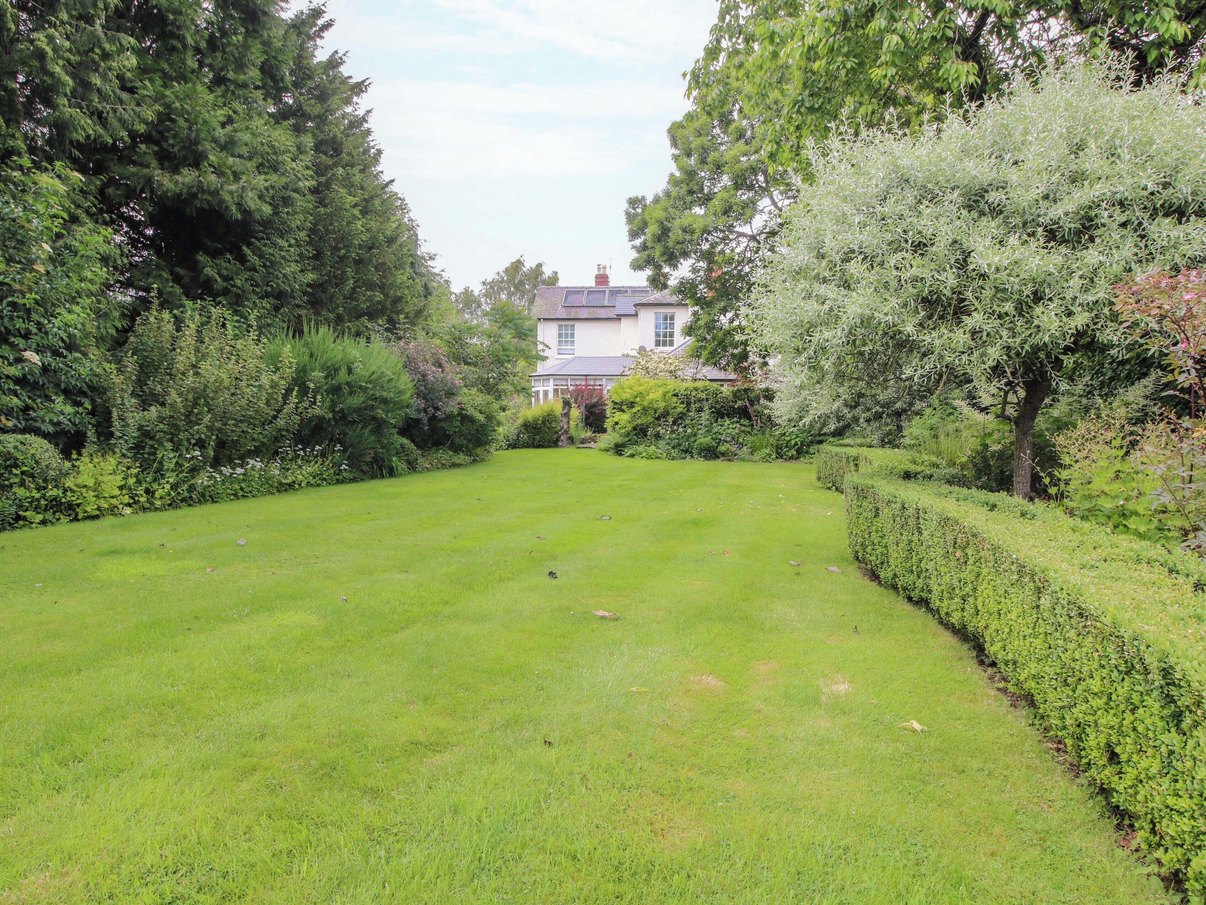 Ein gepflegter Rasen mit Hecke und Bäumen, der zu einem Haus mit weißer Fassade und rotem Dach führt.