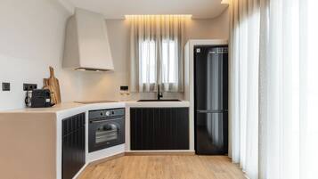 A modern kitchen with a built-in oven, a refrigerator, and a window with curtains.