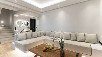 Luxury Villa, Private Pool, Sea View | Living area | 43-inch Smart TV with cable channels