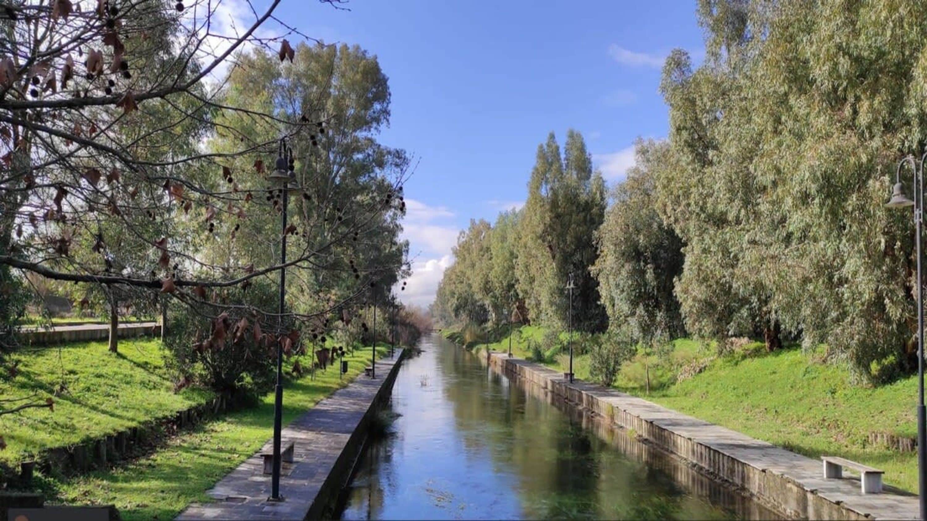 Um canal estreito ladeado por árvores e uma passarela pavimentada.