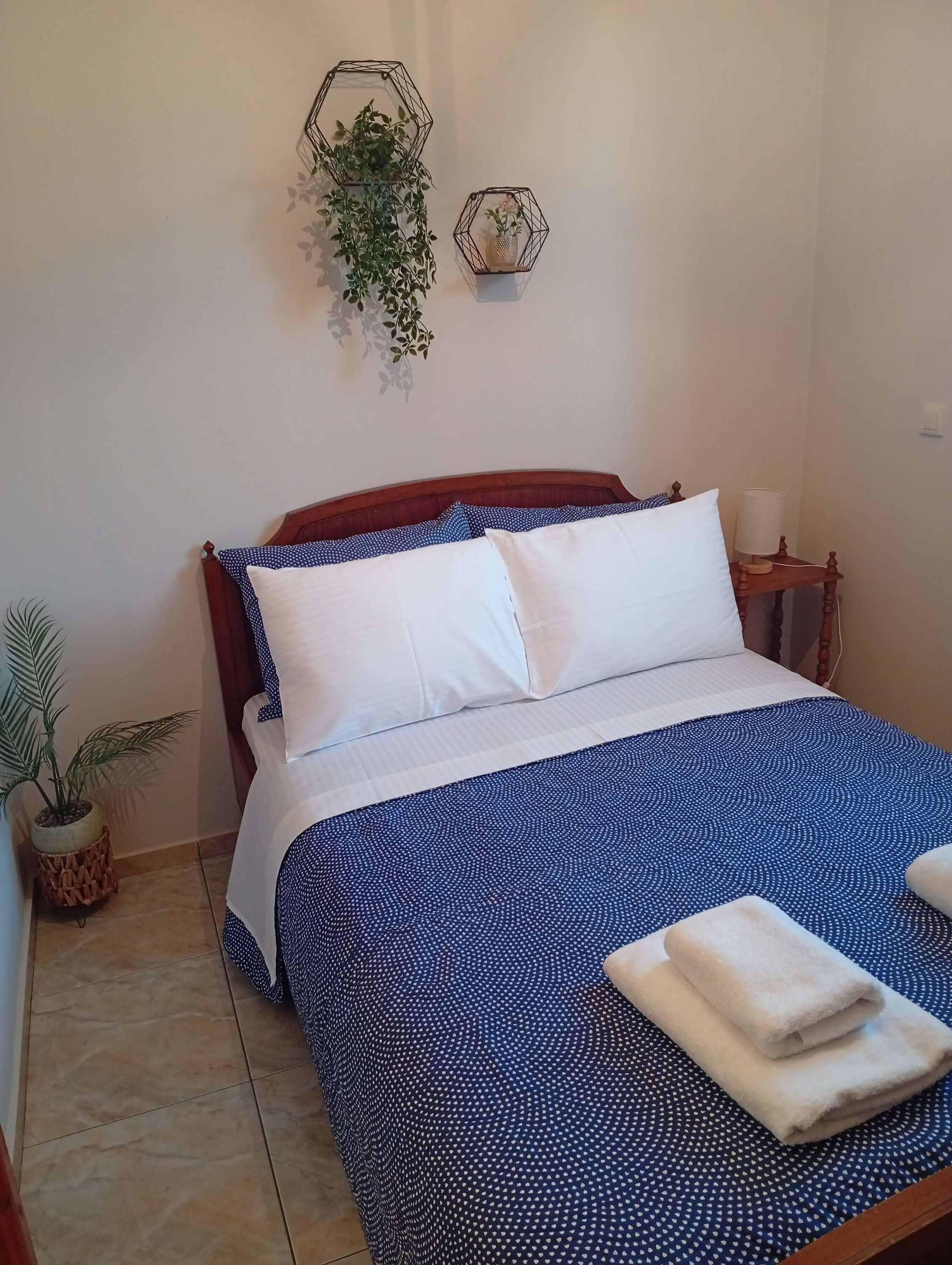 A neatly made bed with white and blue bedding, a small bedside table with a lamp, and two hexagonal wall decorations with plants.