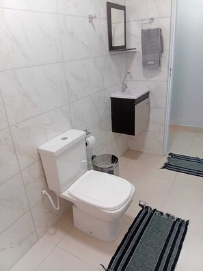 Shower, towels, toilet paper