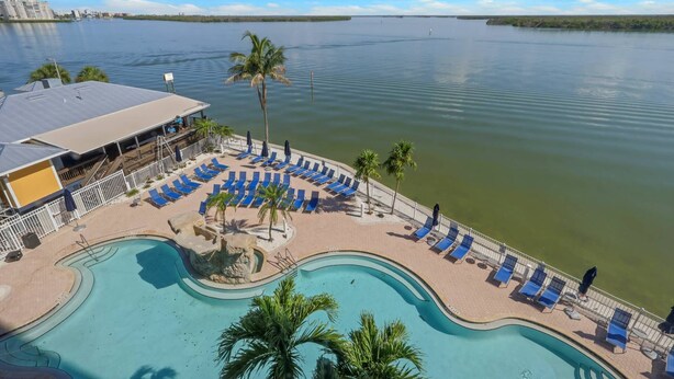 Ein Poolbereich mit Liegestühlen, einer Palme und Blick auf das Wasser.