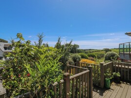 A wooden deck with a view of a rural landscape, a glass enclosure, and a variety of plants.