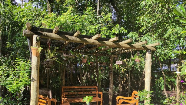 A wooden pergola with benches and hanging plants in a lush garden setting. - Pousada Templários Ecovilla  (Pirenópolis)