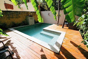 Uma piscina com deck de madeira, rodeada por vegetação e um muro de tijolos.