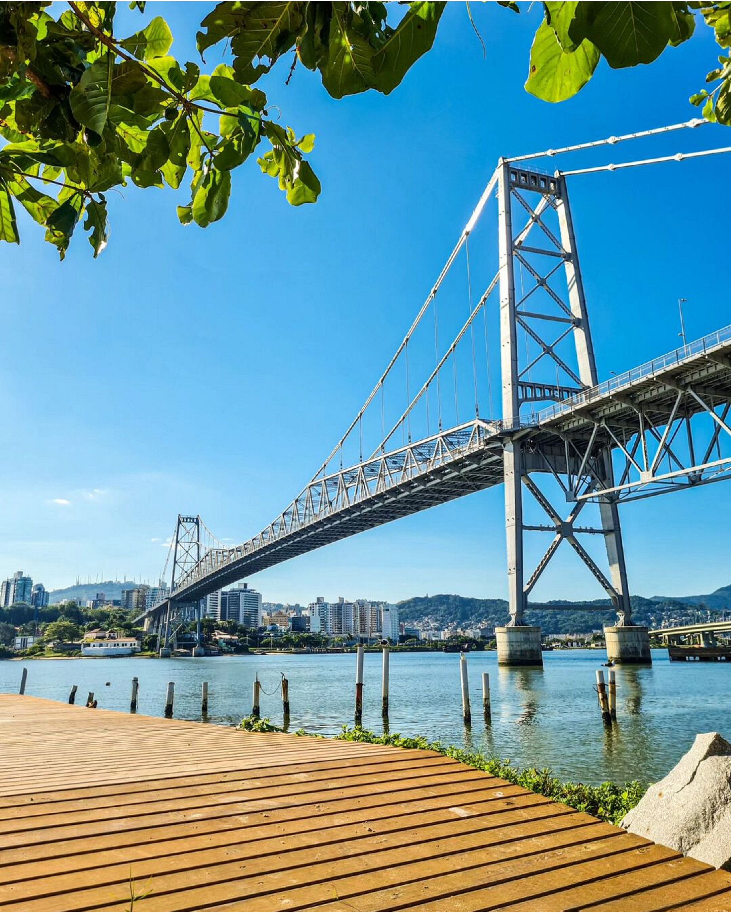 Un grand pont suspendu enjambant une rivière, avec une promenade en bois au premier plan.