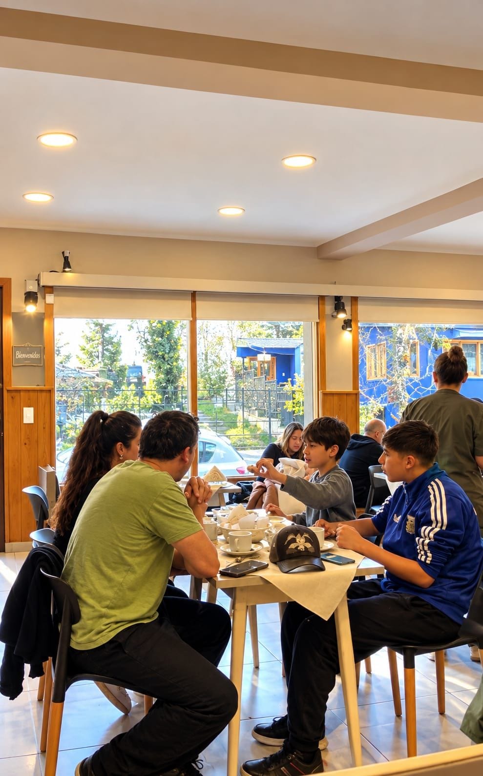 A group of people seated at a table inside a building with a view of the outside.