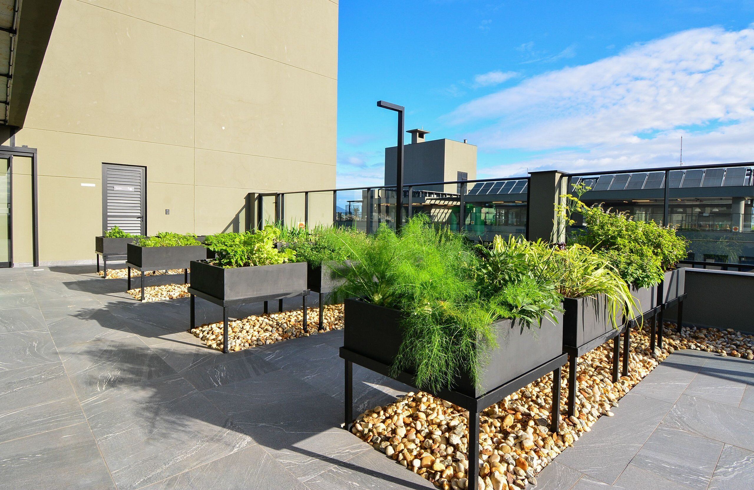 A rooftop terrace with planters, a clear sky, and a building in the background.