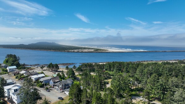 Ett bostadsområde vid kusten med hus, en strand och ett skogsområde.