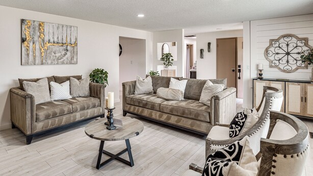 Ein Wohnzimmer mit zwei Sofas, einem Couchtisch und Dekorationselementen.