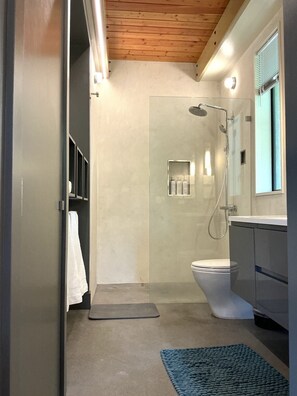 A modern bathroom with a shower, toilet, and vanity.