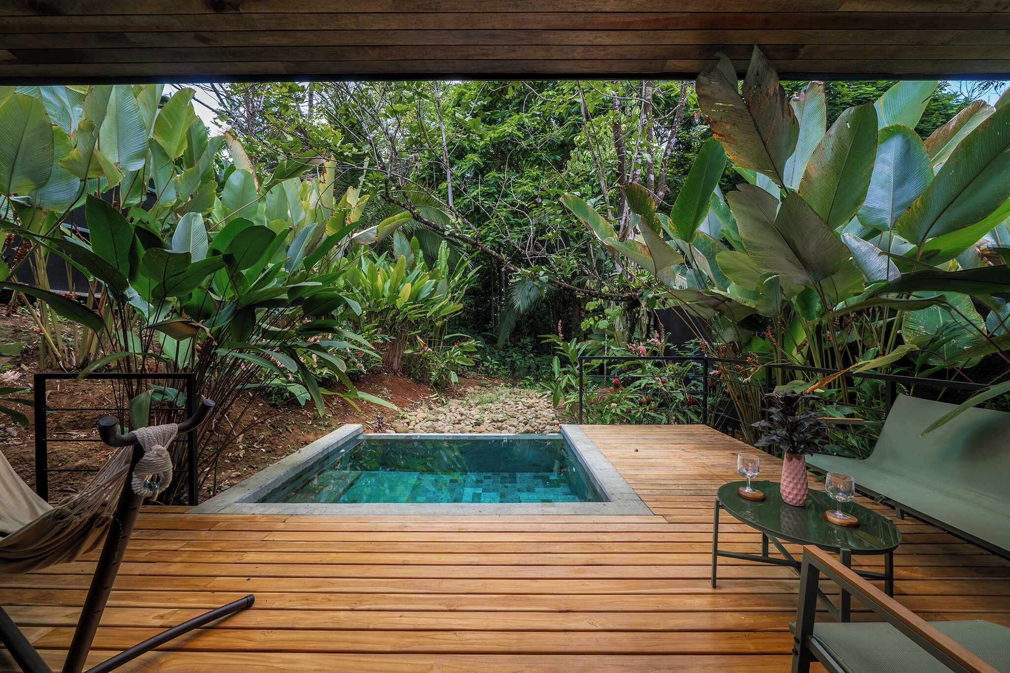 Una terraza de madera con piscina, rodeada de exuberante vegetación tropical.