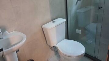 Chuveiro, toalhas de banho, sabonete, papel higiênico