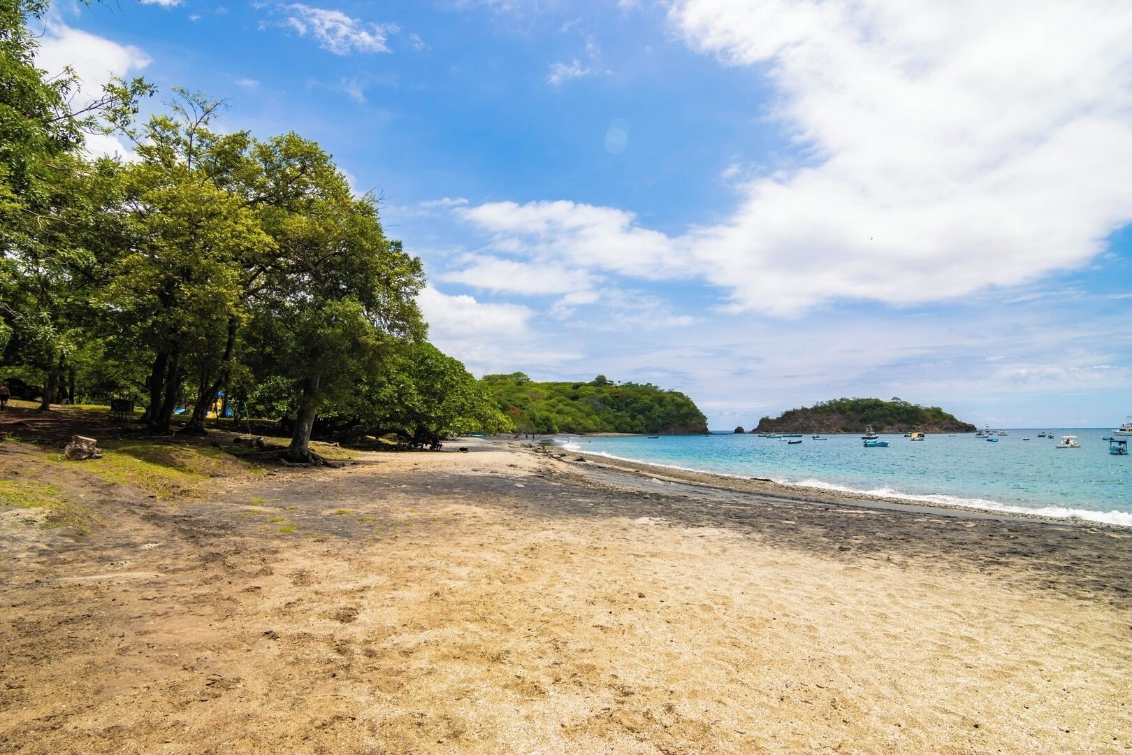 Une plage bordée d’arbres, un rivage sablonneux et des bateaux sur l’eau.