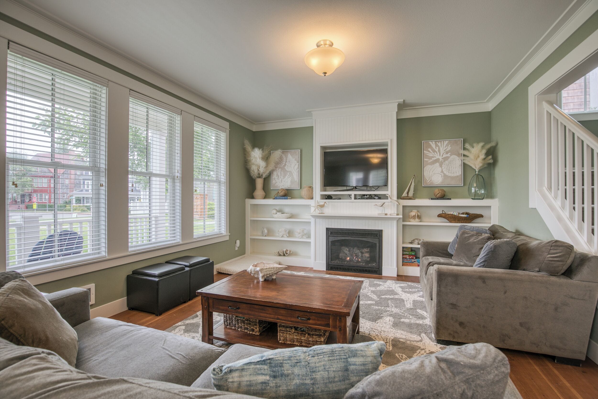 Smart TV, fireplace, video games, DVD player