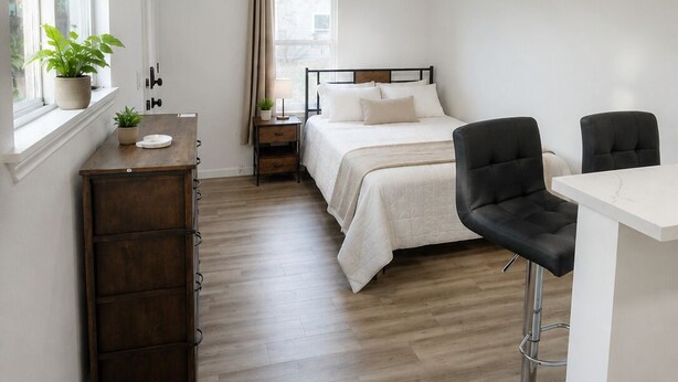 A bedroom with a bed, bedside table, lamp, potted plants, and a window. - Private Studio in North Austin ~ Near The Domain, AC & Free Parking (Austin)