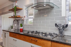 A modern kitchen with a gas stove, stainless steel appliances, and a window with a view of the neighborhood. - Villa Azure, Vermont Home with Studio, Mountain & Sea Views (Vermont)