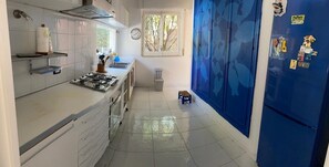 A kitchen with white cabinets, a stove, a sink, and a blue refrigerator. - "Pinetina" Beach Villa (Palermo)