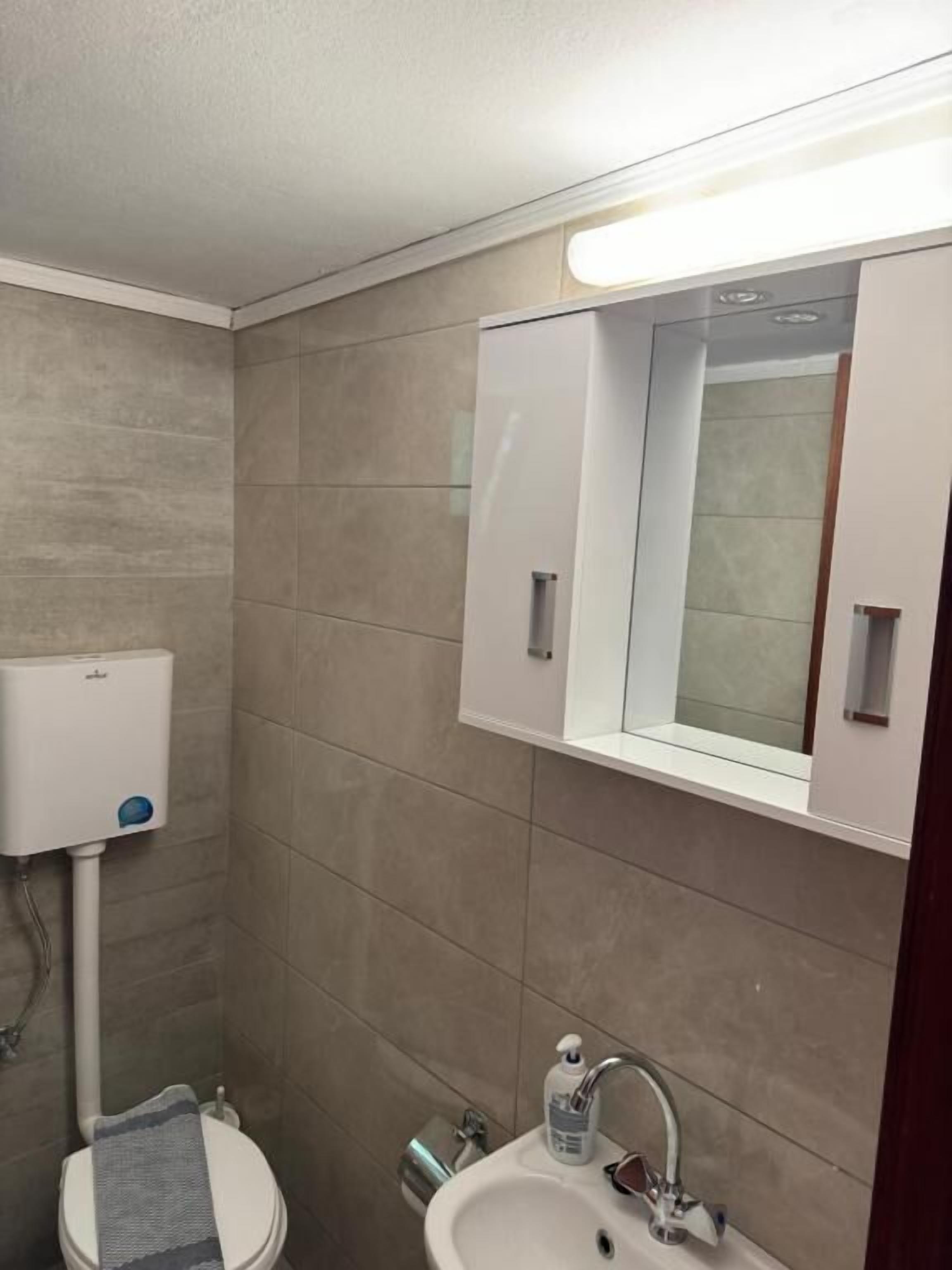 A bathroom with a toilet, sink, and a mirror.