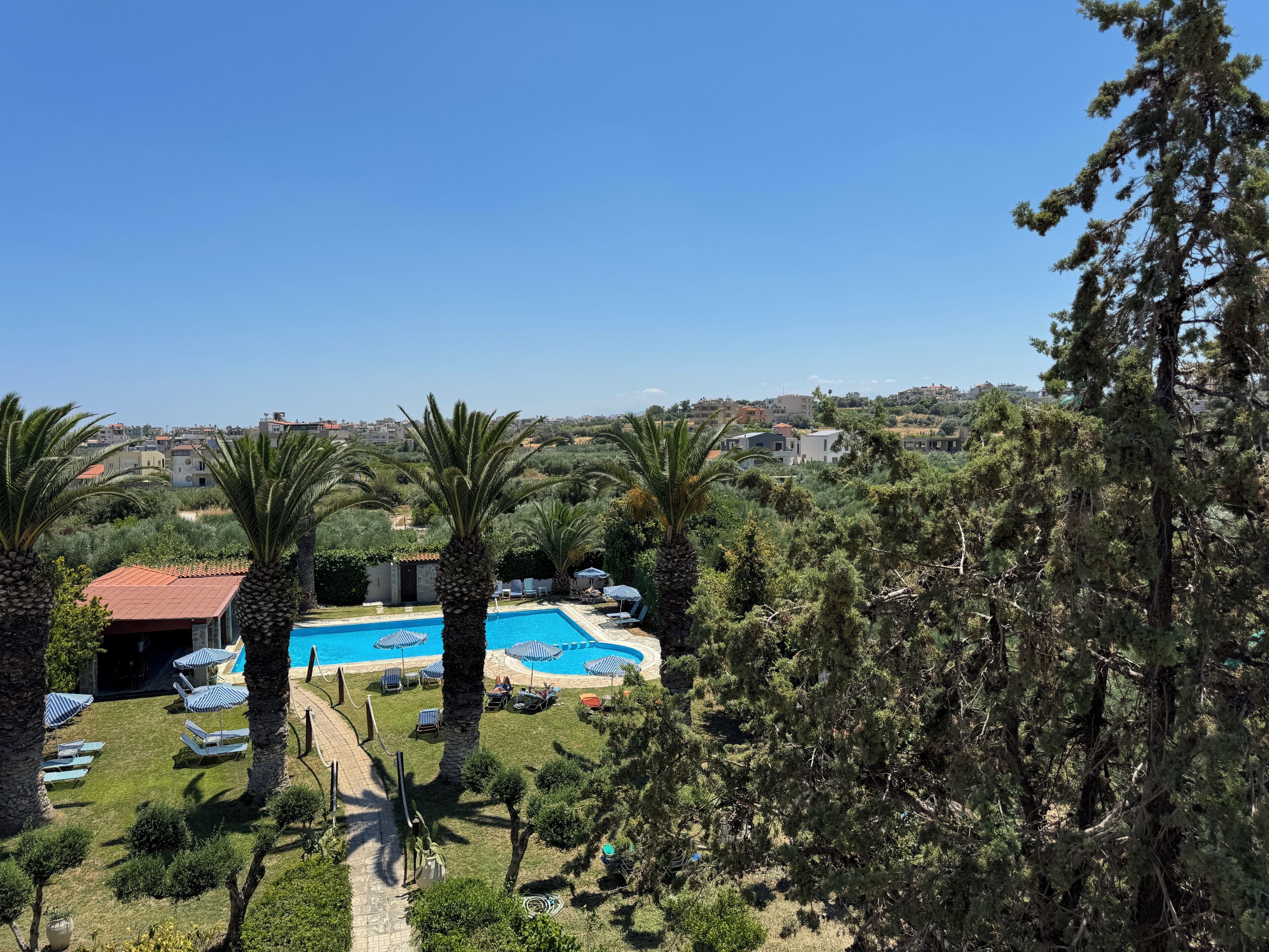 Un espace piscine doté de chaises longues et de parasols, entouré de palmiers et offrant une vue sur une ville en arrière-plan.