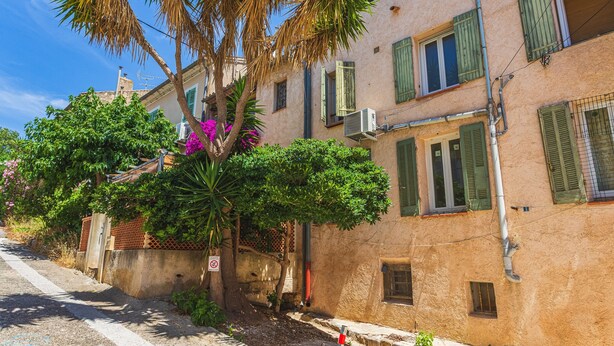 Une vue de rue avec un immeuble doté de nombreuses fenêtres avec volets, un palmier et un ciel bleu dégagé.