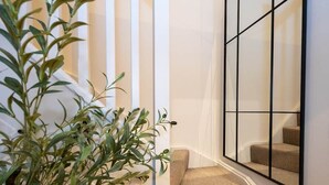 Un escalier recouvert d’une moquette beige, une plante en pot et un miroir encadré qui reflète l’escalier.