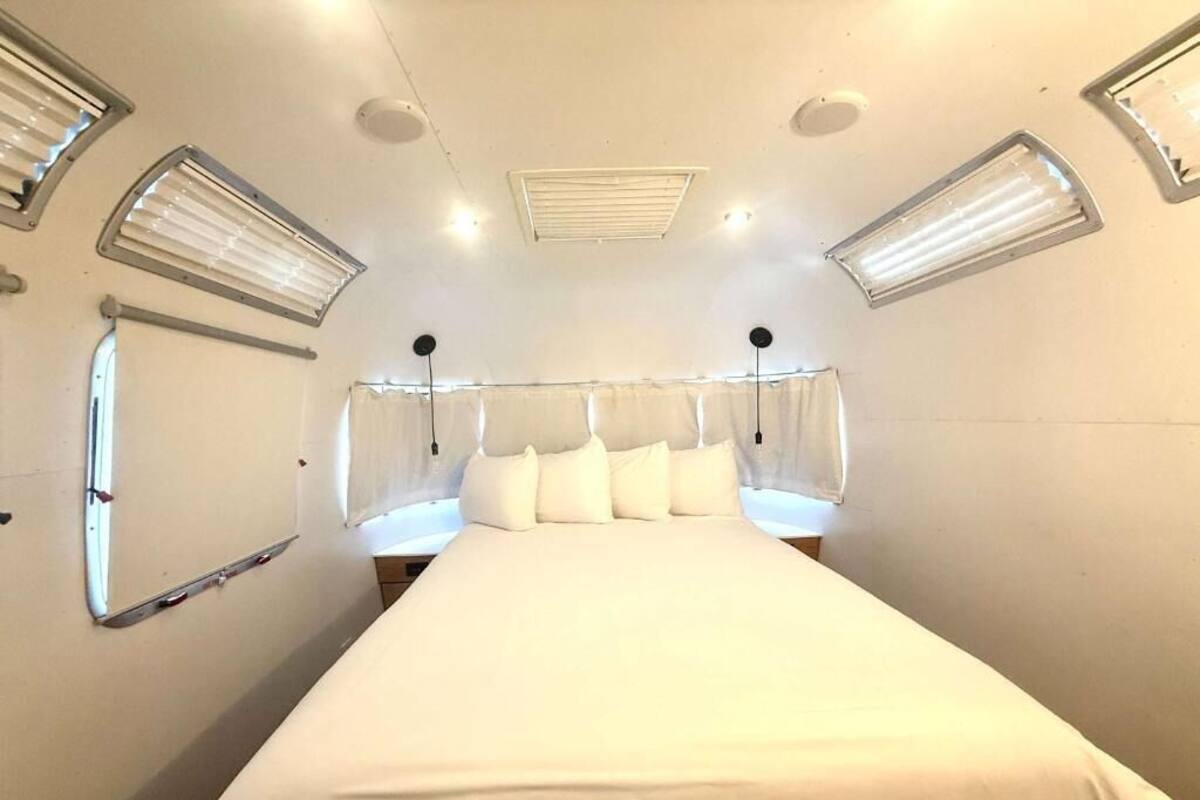 A bed with a canopy, a window, and a ceiling light fixture.