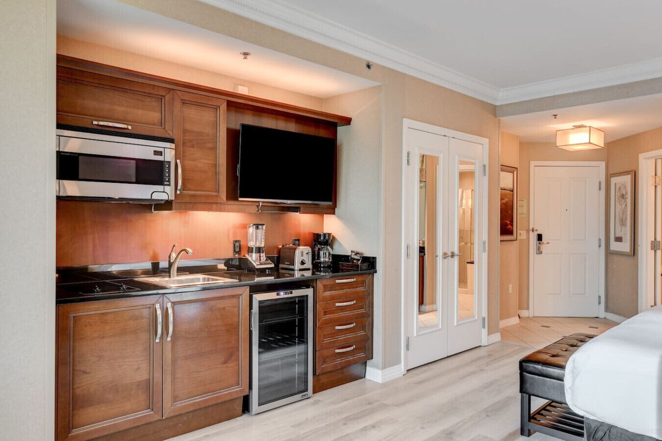 Microwave, stovetop, coffee/tea maker, toaster