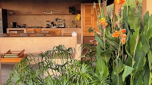 Une cuisine équipée d’un plan de travail, d’un évier et de divers appareils électroménagers. On peut voir au premier plan des plantes et des fleurs en pot.