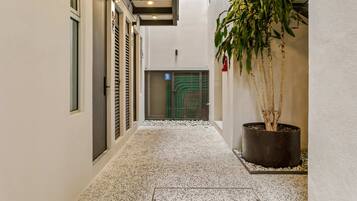 A narrow hallway with a speckled floor, a potted plant, and a door with a green sign.