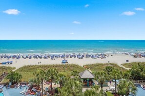 A beach with numerous umbrellas and lounge chairs, a pool area with palm trees, and a gazebo. - Beach Cove Resort 515 Oceanfront Condo (North Myrtle Beach)