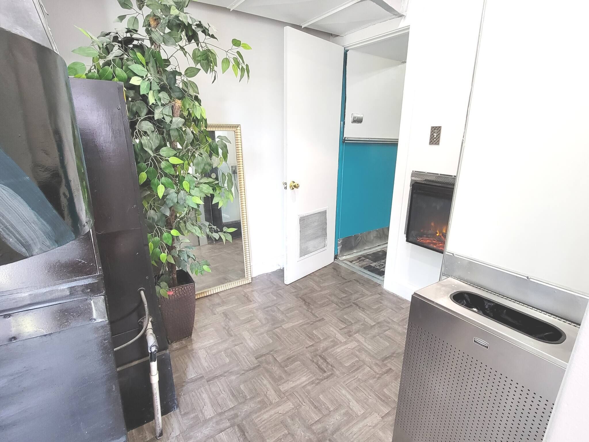 Una cocina moderna con un espejo grande, una planta en maceta, una estufa empotrada y una pared de acento azul.