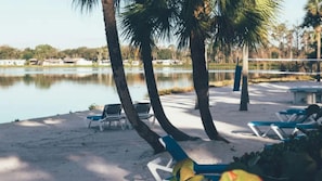 Ein Strandbereich mit Liegestühlen, Sandstrand, Palmen und einem Gewässer.
