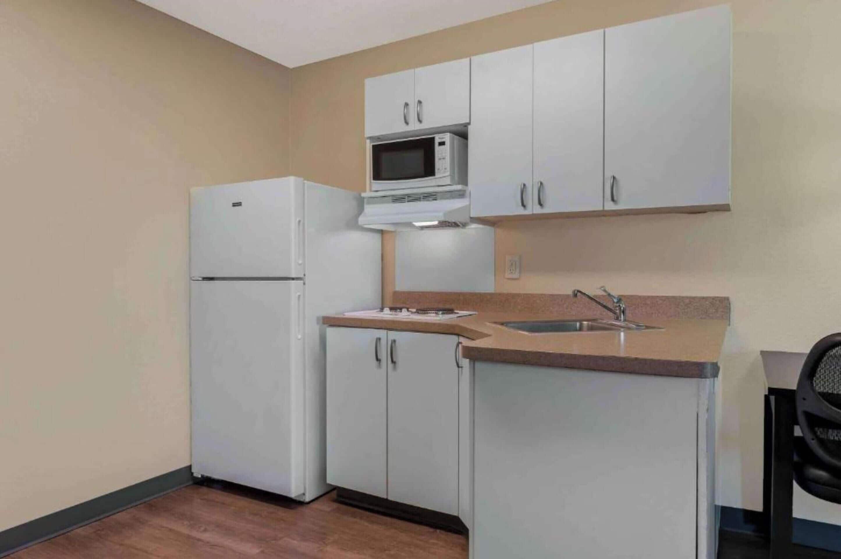 Full-sized fridge, microwave, stovetop