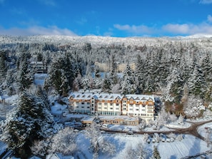 Ein mehrstöckiges Hotel inmitten eines schneebedeckten Landschaftsbildes, umgeben von dichtem Wald.