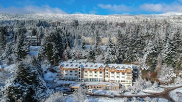 Un hôtel à plusieurs étages, entouré d’une forêt dense et surplombant un paysage enneigé.