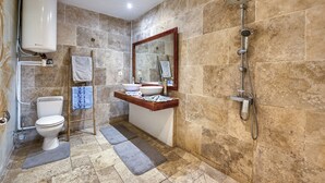 Ein Badezimmer mit Toilette, Waschbecken, Spiegel, Dusche und Handtuchhalter.