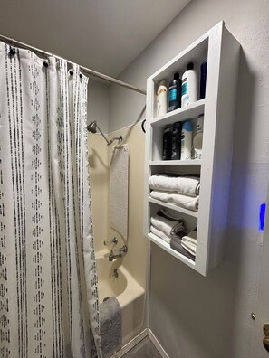 Hair dryer, towels, soap, shampoo