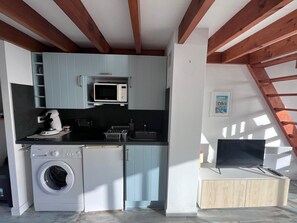 Une cuisine compacte équipée d’un lave-linge, d’un four à micro-ondes et d’un petit évier.
