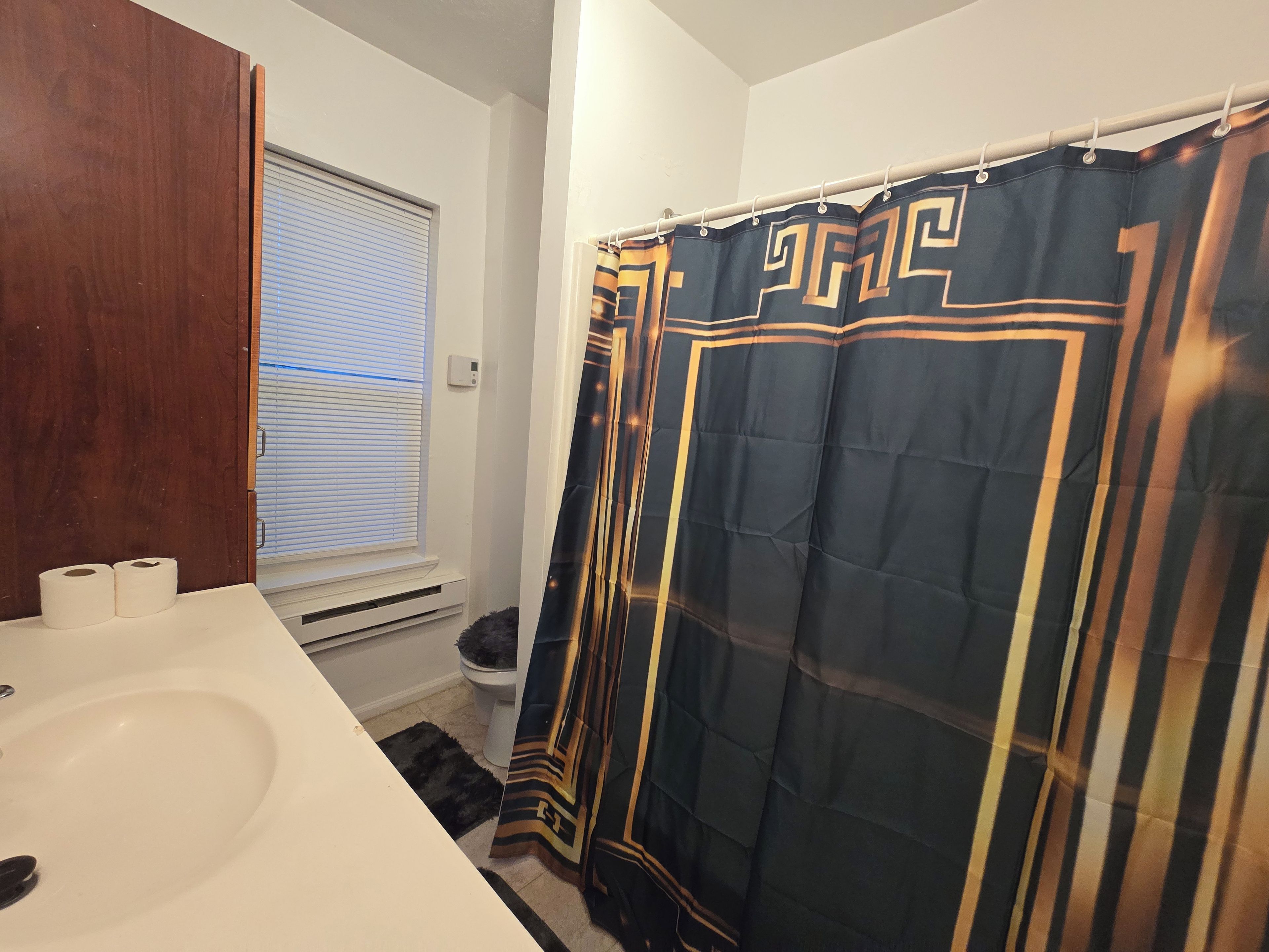 Une salle de bain avec un lavabo blanc, des toilettes et un rideau de douche à motifs géométriques.