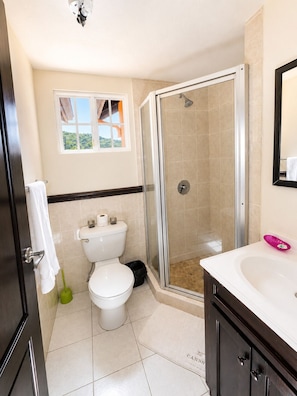 Apartamento, 2 habitaciones, vistas a la piscina | Baño | Ducha, toallas, jabón y papel higiénico