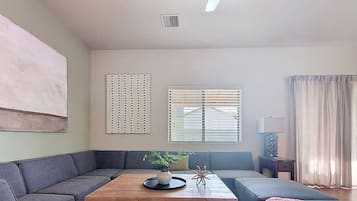 Smart TV, fireplace, books