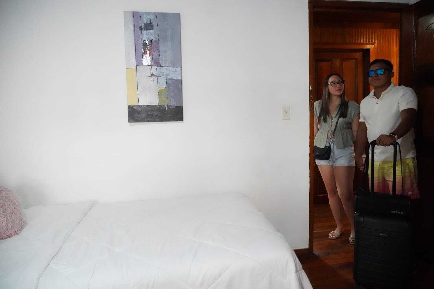 Una habitación de hotel con una cama, un cuadro en la pared y una puerta de madera.