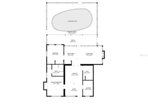 Grundriss mit Schwimmbad, überdachter Veranda, Veranda, Schlafzimmer, Essbereich, Wohnzimmer, Bad, Küche, Hauptschlafzimmer, Eingangsbereich und Waschküche.