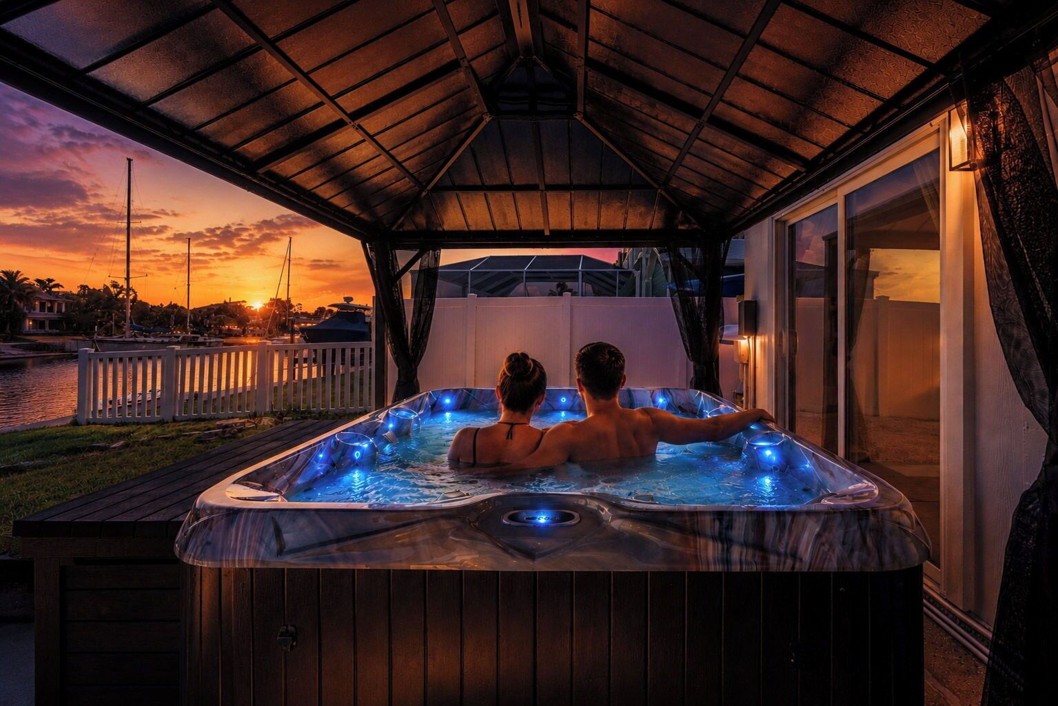 A hot tub with two people, a wooden deck, a covered area, and a view of the sunset over water.