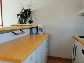 Eine Küche mit Kaffeemaschine, Pflanze und Waschmaschine.