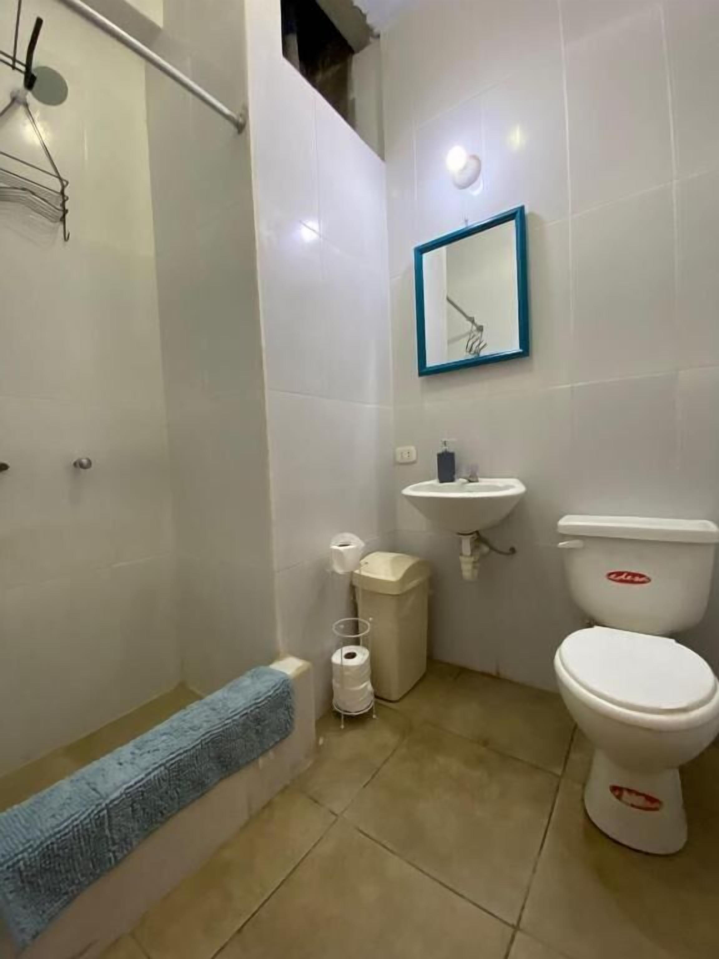 Shower, towels, soap, toilet paper