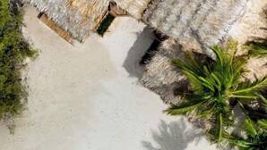 An aerial view of a beach with a red airplane on the sand, surrounded by palm trees and thatched-roof structures. - Hideaway Aruba: Private Villa with Jacuzzi (Savaneta)