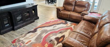 Smart TV, fireplace, books